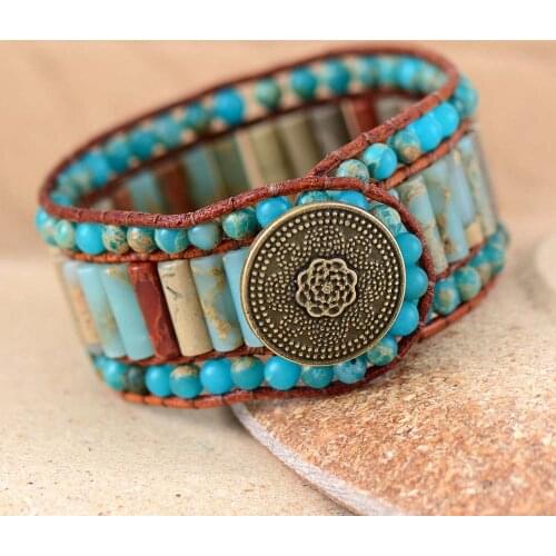 Boho Bracelet Unique Natural Stone Vintage Leather Wrap Bracelets Wholesale Bohemian Woven Stone Cuff Bracelet Dropship