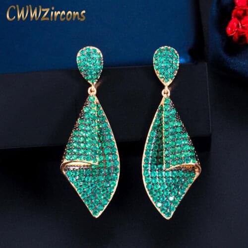 CWWZircons Creative Two Tone Gold Color Full Cubic Zirconia Green Drop Earrings for Women Unique Designer Brand Jewelry CZ806