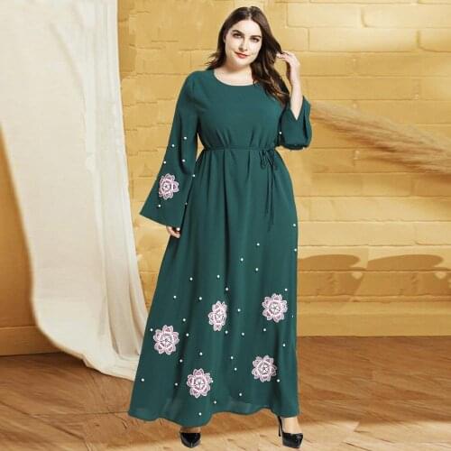 Good Quality Long Flare Sleeve Arabic Dress Round Neck Flower Appliqued Beading Big Swing Hem Long Dress Self-belt Party Dresses