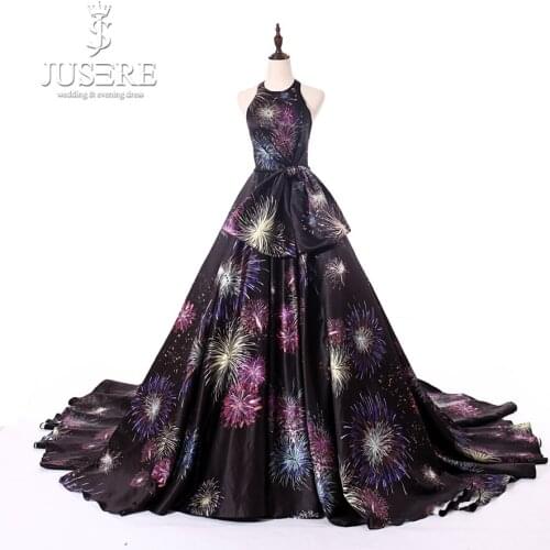 JUSERE Charming Jewel Neck Sleeveless Backless Sweep Trian Long Evening Dress Formal Party Gowns Floor Length Evening Dresses