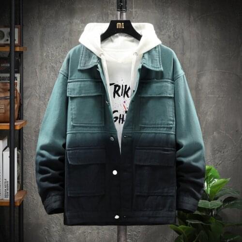 4 colors Spring and autumn New mens gradient contrast denim jacket jacket fashion loose big pocket lapel Cargo jeans jacket