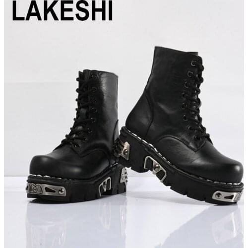 Black Punk Style Platform Mens Ankle Boots Lace Up Zipper Autumn Winter Motorcycle Boots For Man Goth Chunky Shoes Metal Decor
