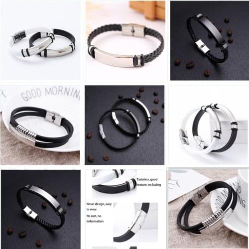 2021 new European and American retro mens braided leather punk exaggerated titanium steel bracelet couple personality silicone