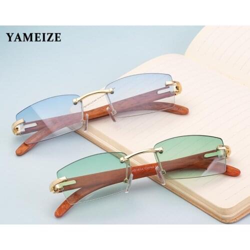 Vintage Square Sunglasses Men Women Luxury Brand Small Rectangle Sun Glasses Female Gradient Mirror Rimless Unisex Wood Grain