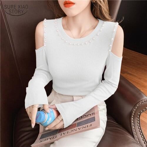 Autumn Off The Shoulder Long Sleeve Tops Women Casual Simple T-shirt O-neck Solid Cotton Beading Blouse for Women Blusa 16713