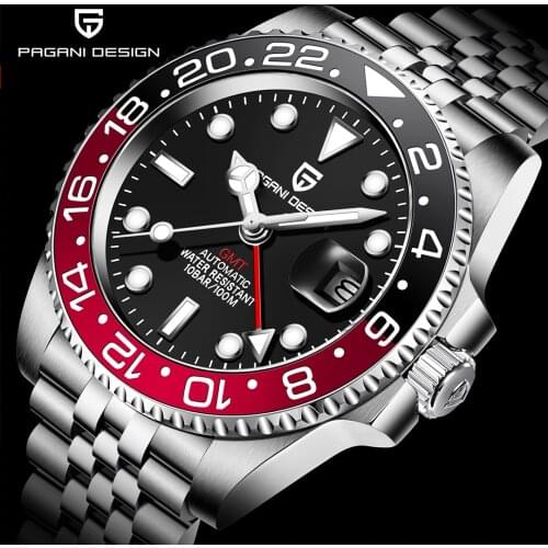PAGANI DESIGN 2021 New Luxury GMT Watch Men Stainless Steel Automatic Mechanical Watches Sapphire Glass 100M Waterproof Clock