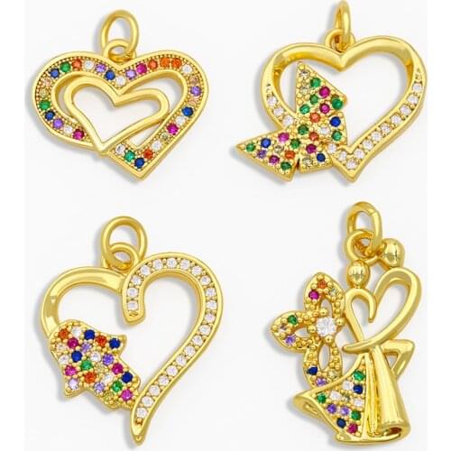 OCESRIO DIY Rainbow Fatima Hand Pendant Heart Love Necklace Pendants Supplies For Handmade Jewelry Making Accessories pdta168