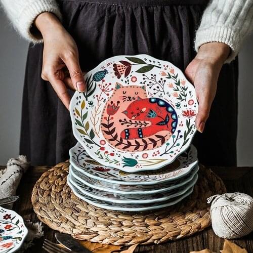 Hand Drawn Cartoon Lucky Cat Round Plate Japanese Creative Ceramic Color Plate Home Decoration Household Tableware Dinner Plate