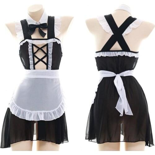 Chiffon Semi Transparent Maid Dress Black Sexy Womens Apron Nightdress Sleepwear Japanese Lolita Cross Hollow Cosplay Homewear