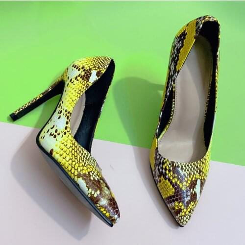 Snake Printing Leather Women Super High Heels Sexy Ladies Pointed Toe Stiletto Pumps Slip on Heeled Party Shoes
