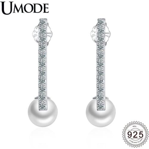 UMODE New 925 Sterling Silver White Pearl Stud Earrings for Women Paved Zircon Birthday Jewelry Gift Brincos Bijoux ALE0599