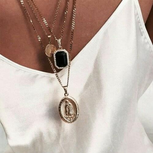 Vintage Virgin Mary Necklace For Women Geometric Crystal Pendant Layered Choker Gold Color Necklace Bohemian Jewelry