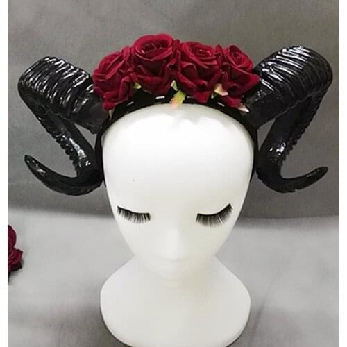 Vintage Retro Sheep Horn Rose Flowers Gothic Headband Victorian Goth Horror Cavel Cosplay Hair Accessories