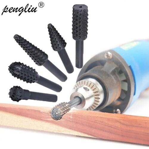 5pcs Woodworking Steel Rotary Rasp File 1/4" Round Shank Rotor Craft Files Rasp Burrs Wood Bits Grinding Power Carving Hand Tool