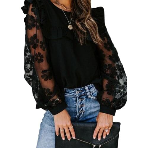 Woman Fashion Mesh Patchwork Round Long Sleeve Blouse Black Lace Falbala Transparent Flower Bubble Sleeve Pullover, Daily Life