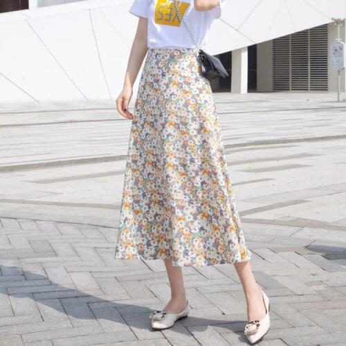 Medium and long chiffon skirt womens summer 2021 new Korean high waist A floral skirt small fresh over-the-knee