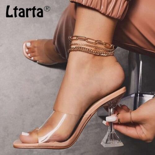 LTARTA Fashion 2021 PVC Sandals Crystal Open Toed High Heels Women Transparent Heel Square Head Sandals Slippers Pumps LXM
