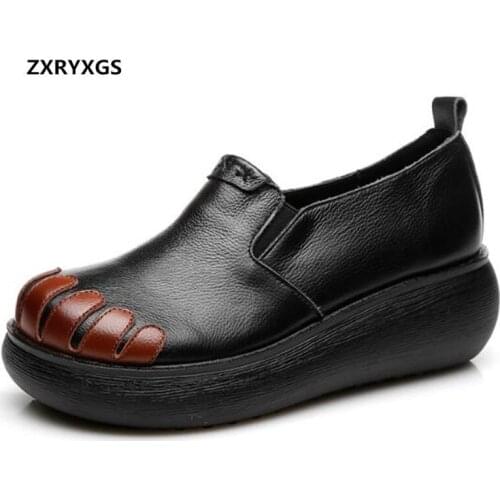 Hot 2019 Newest Spring Spell Colors Cowhide Leather Shoes Woman Fashion Casual Shoes Platform Wedges Comfort Elegant High Heels
