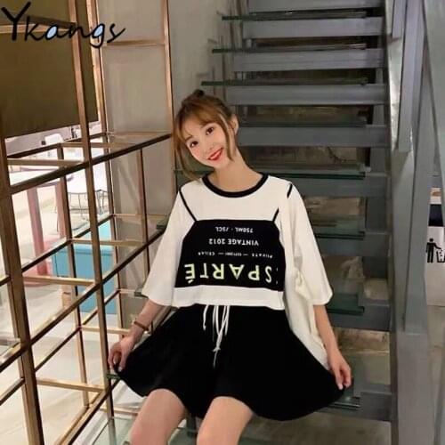 Women Tracksuit Style Loose Printed T-shirt Culottes Two-piece Suit Korean Summer Home Suit for Lady Shorts with High Waist Suit