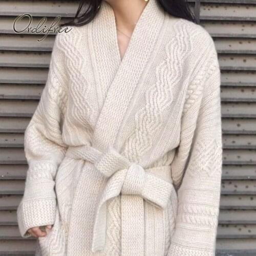 Ordifree 2021 Autumn Winter Women Knitted Cardiagn with Belt Loose Casual Outwear Coat Warm Thick Sweater Cardigan Jumpers
