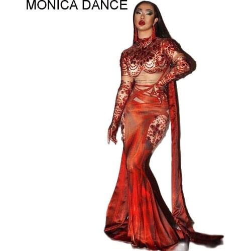 Women Sexy Red Rhinestone Wedding Party Dress with Crystal Gloves Women Bodycon Long Tassel Evening Prom Dress Singer Stage Wear