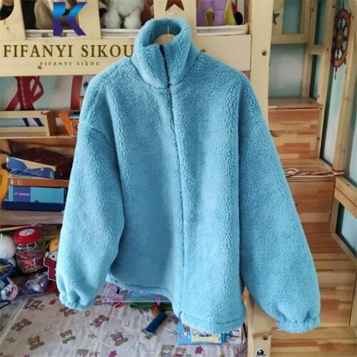 Winter Women Faux Lamb Fur Jacket High Quality Fashion Blue Teddy Coat Thick Warm Faux Fur Coat Lady Loose Plus Size Plush Coats