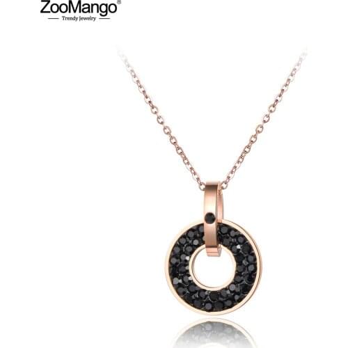 ZooMango Trendy Black & White Crystal Pendant Necklaces For Women Rose Gold titanium Stainless Steel Wedding Necklace ZN18072