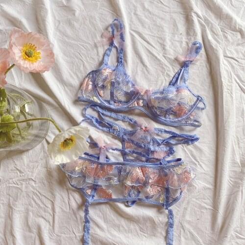 Summer lingerie porno sexy perspective embroidery fresh steel ring ultra-thin cup bra underwear set 3-piece womens lingerie set