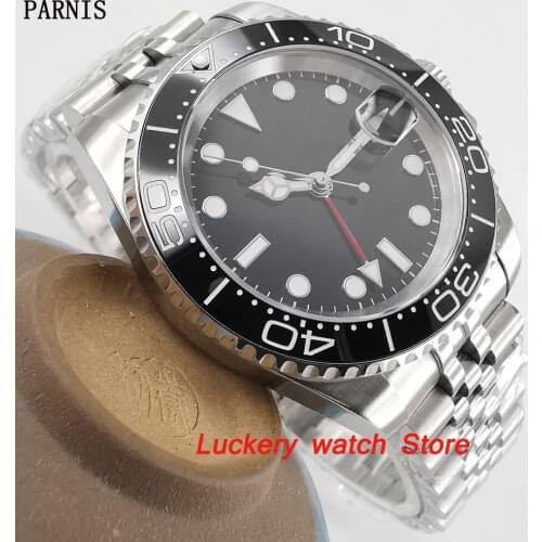 40mm Parnis Black Ceramic Bezel black dial red GMT luminous marks sapphire glass automatic Mens Watch-PA74