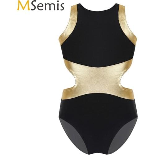 Kids Girls Ballet Leotard Costume Sleeveless Metallic Splice Back & Side Waist Cutouts Ballet Dance Gymnastics Leotard Jumpsuit