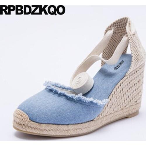 Lace Up Designer European High Heels Ankle Strap Beige Strappy Denim 3 Inch Round Toe Sandals Blue Slingback Pumps Canvas Wedge