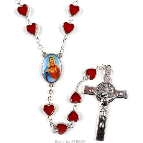 Catholic Rosary Red Heart Alloy Beads Rosary Necklace For Man