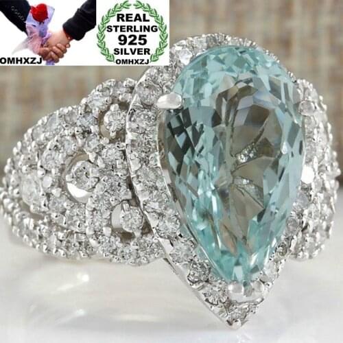 OMHXZJ Wholesale European Fashion Woman Man Party Wedding Gift White Blue Water Drop AAA Zircon 925 Sterling Silver Ring RR98