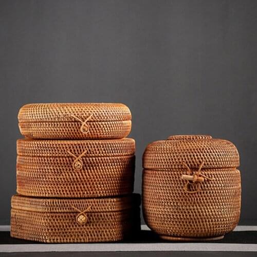 Handmade Rattan Tea Box with Lid, Tea Bag Storage Organizer Breathable Lightproof Dust-proof Natural for Puer Tea