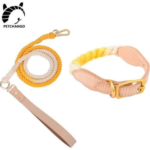 Leather & Rope Dog Collar Durable Buckle Natural Cotton Basic Pet Collar Leash Set for Small Medium Large Dogs Dog Accessories