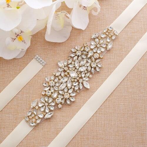 SESTHFAR Rhinestones Ribbons Bridal Sash Gold Crystal Wedding Belt With For Wedding Party Gown