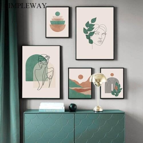 Boho Style Green Line Drawing Poster Abstract Shape Canvas Painting Art Print Nordic Simplicity Wall Picture Home Decoration
