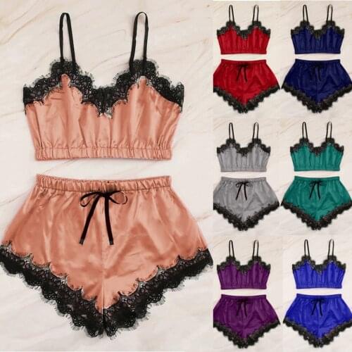 Girls Underwear Sexy Silk Satin Lingerie Pajamas Sling Cami Tops &Shorts Soft Wear for Women Tops Briefs Lace Night Short Suit