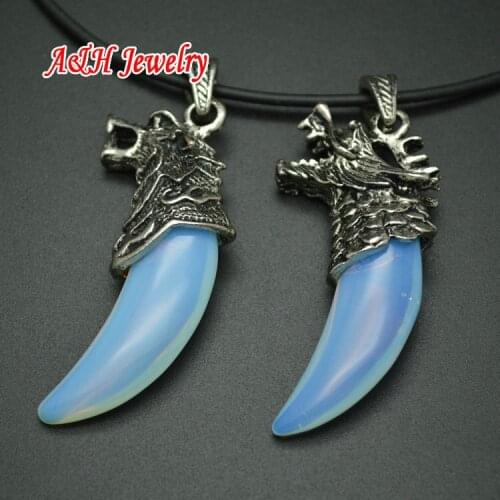 Novelty Gift Chinese Dragon Wolf Fang Shape Pendants Opal Aventurine Blue Star Rose Qaurtz 16'' Rubber Chain Necklace 10pc/lot