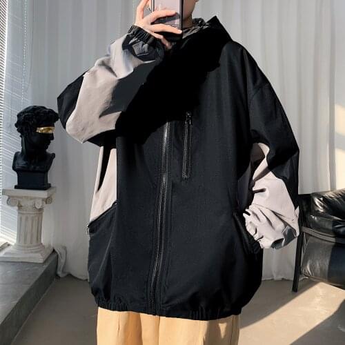 2021 Spring/Autumn New Large Loose Style Mens Patchwork Hooded Jacket High Streetwear Coat Clothing Plus Size M-5XL Windbreaker