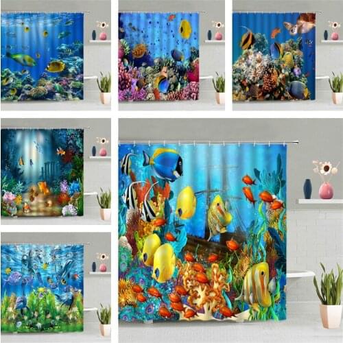 Ocean Fish Animal Shower Curtain Underwater World Blue Sea Scenery Children Bathroom Wall Hanging Curtains Screen Home Decor Set