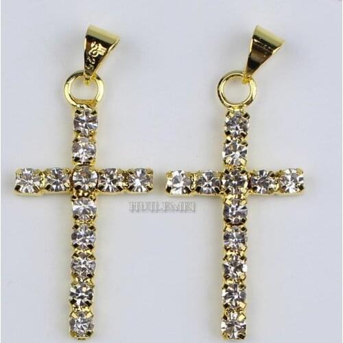 Wholesale 20pcs/lot 29x15mm Gold Color Czech Crystal Rhinestone Cross Pendant Beads Fashion Jewelry Necklace Pendants for Women