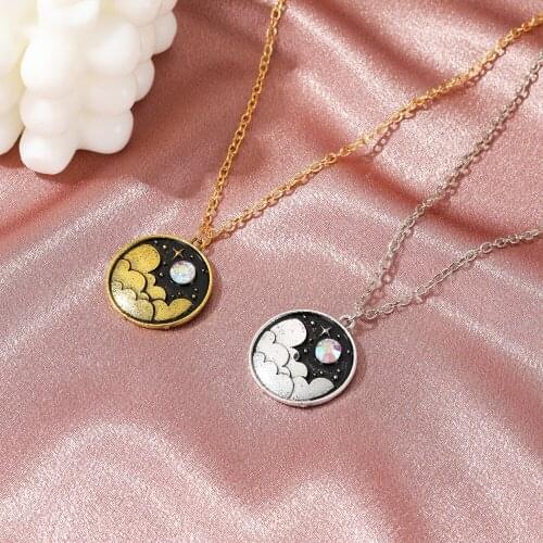 2021 Color Night Sky Crystal Necklace Vintage Art Moon Clouds Chain Necklace Cartoon Geometric Round Pendant Jewelry for Women