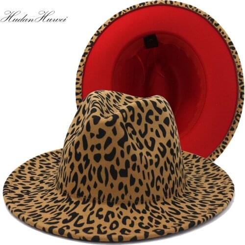 Autumn Winter British Style Men Women Patchwork Leopard Print Jazz Panama Woolen Felt Fedora Hat with Wide Brim Top Hat