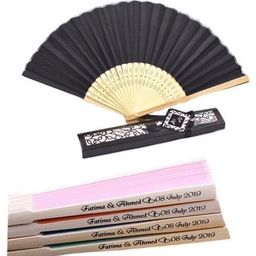 In 13 colors 100pcs / lot custom custom folding fan, bride and groom, name and date wedding silk HAND FAN with gift box
