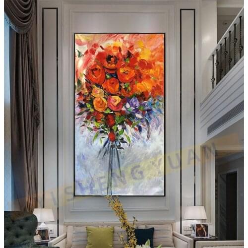 Hand Painted Oil Painting Modern Abstract Oil Painting Beautiful Flowers Wall Art Picture Home Decoration One Piece Unframed