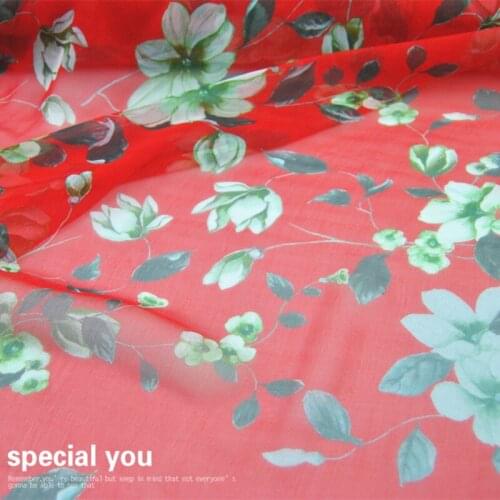 LEO&LIN Large and Wide Red Flower Silk Georgette Chiffon Light Skirt Shirt Fabric Fabric DIY Patchwork Tissue