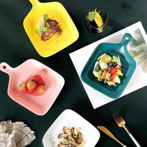 Nordic Restaurant Household Ceramic Single Handle Baking Pan Matte Baking Baked Rice Bowl Handle Plate Western Food Plate