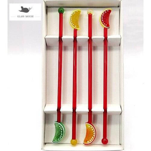 Handmade glass Lemon Slice design decor red long handle glass cocktail stirring rod drink stirrers Swizzle Sticks Coffee Muddler