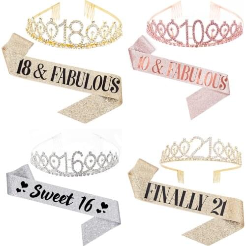 Sweet 16 18 21 30 40 50 Birthday Party Tiara and Satin Sash Set Crystal Crown Strap Gold Silver Decoration Costume Party Supply